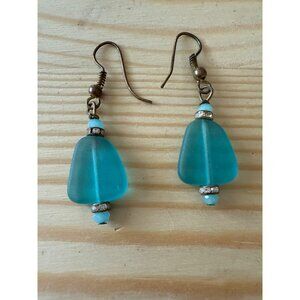 Blue Dangle Earrings With Rhinestone Accents & Bronze Hooks